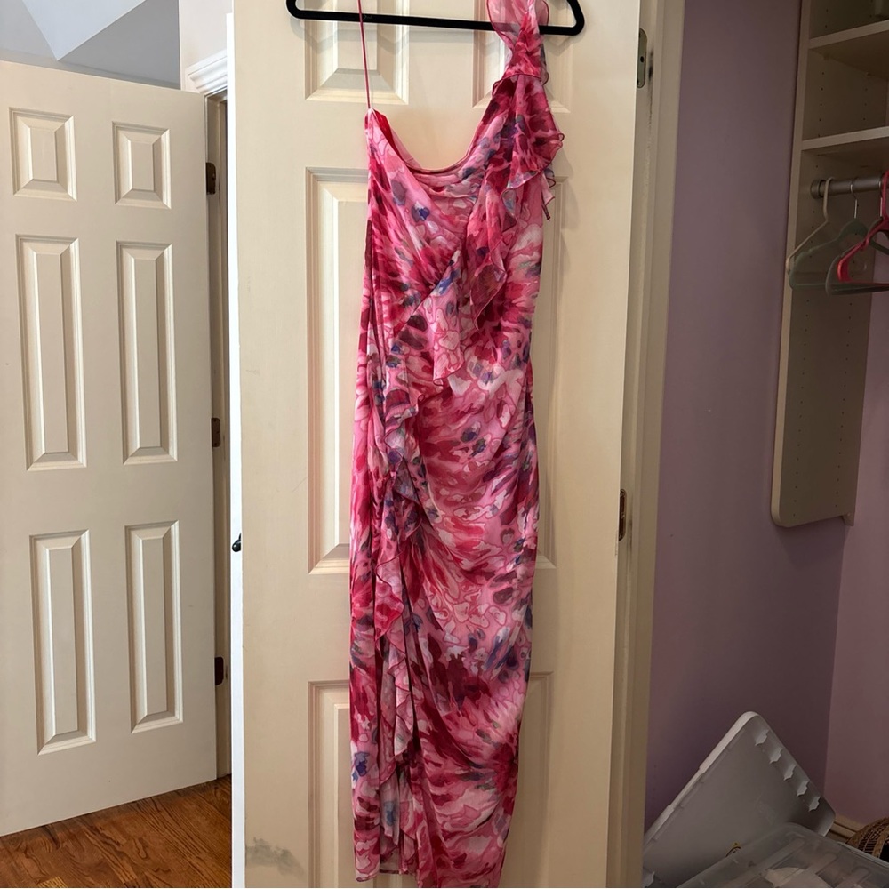 Zara Pink Asymmetrical Ruched Bodycon Dress tye dye